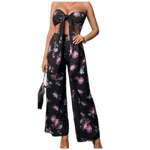 Floral Two-Piece Set Strapless Tie-Front Crop Top & Wide-Leg Pants Black Medium